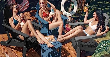 Girls in swimsuits relaxing on a dock sitting on Serwall Adirondack chairs.