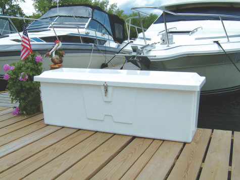 Taylor Made fiberglass dock box on a dock with boats in the background.