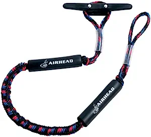 Airehead bungee dock line looped around a dock cleat.