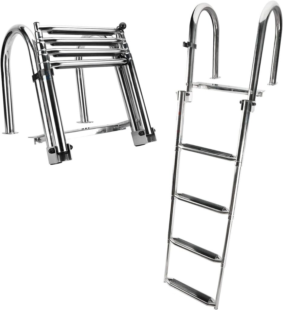 Stainless steel dock ladder shown folded and unfolded.