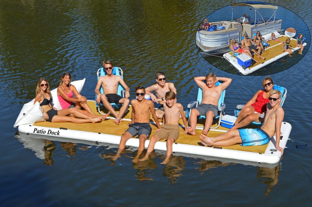 A group of people relaxing on a floating inflatable dock.