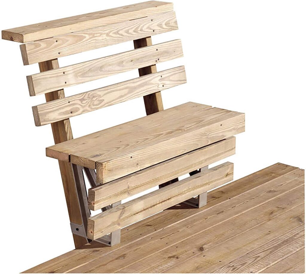 Wooden bench on a dock or deck constructed with dock bench brackets.