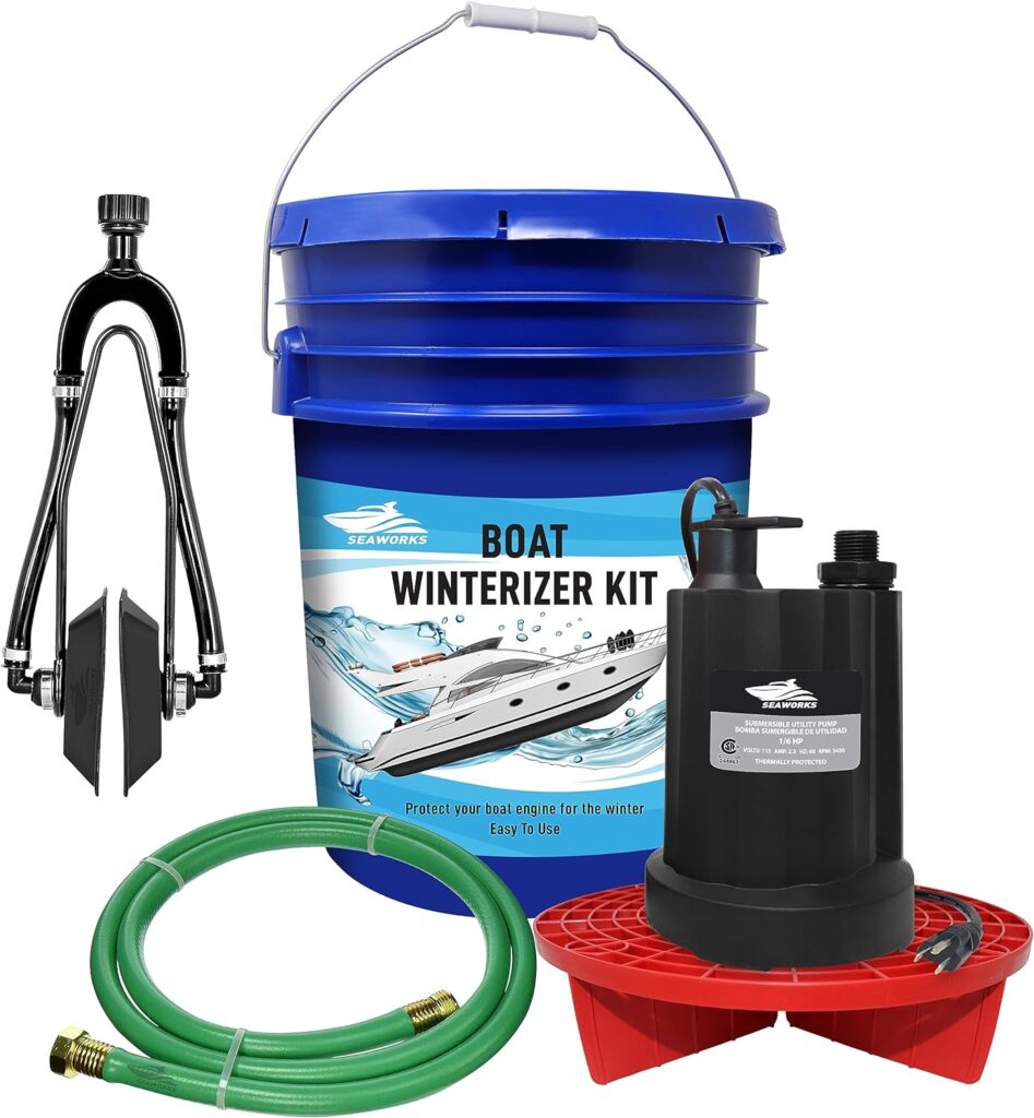Boat winterizing kit including pump, hose, and earmuffs.