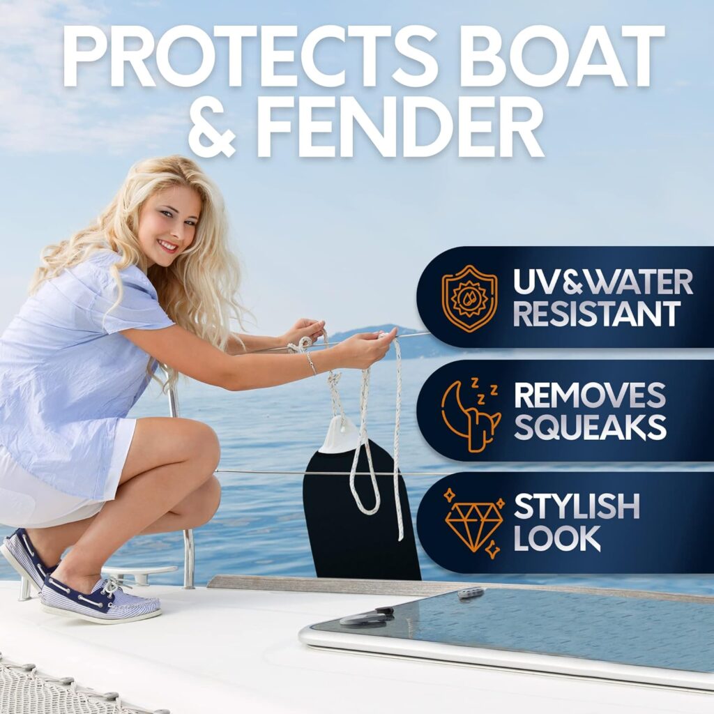 blonde woman on a boat with a byllstore boat fender cover
