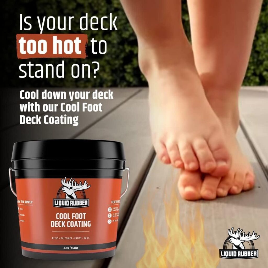 Bucket of Cool Foot Deck Coating on a deck with two bare feet