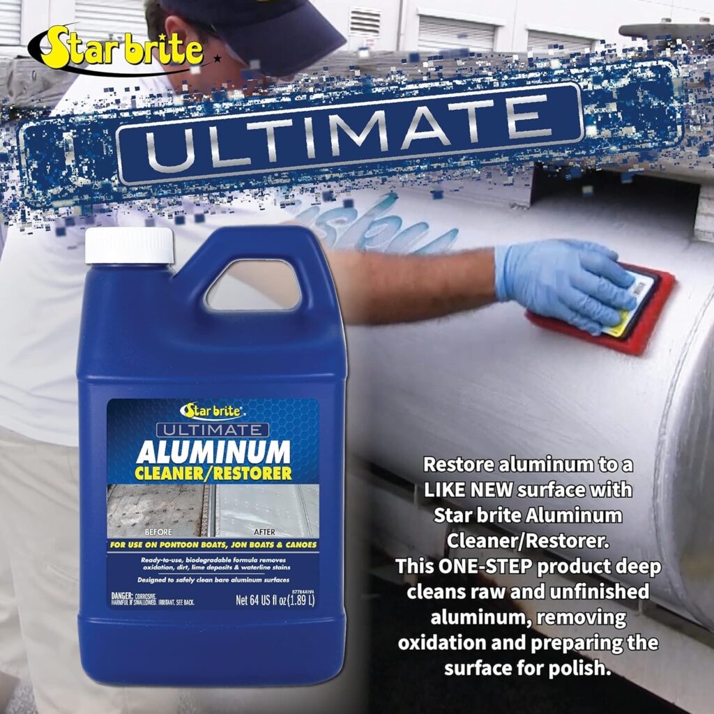 man cleaning pontoon boat with star brite ultimate aluminum cleaner restorer