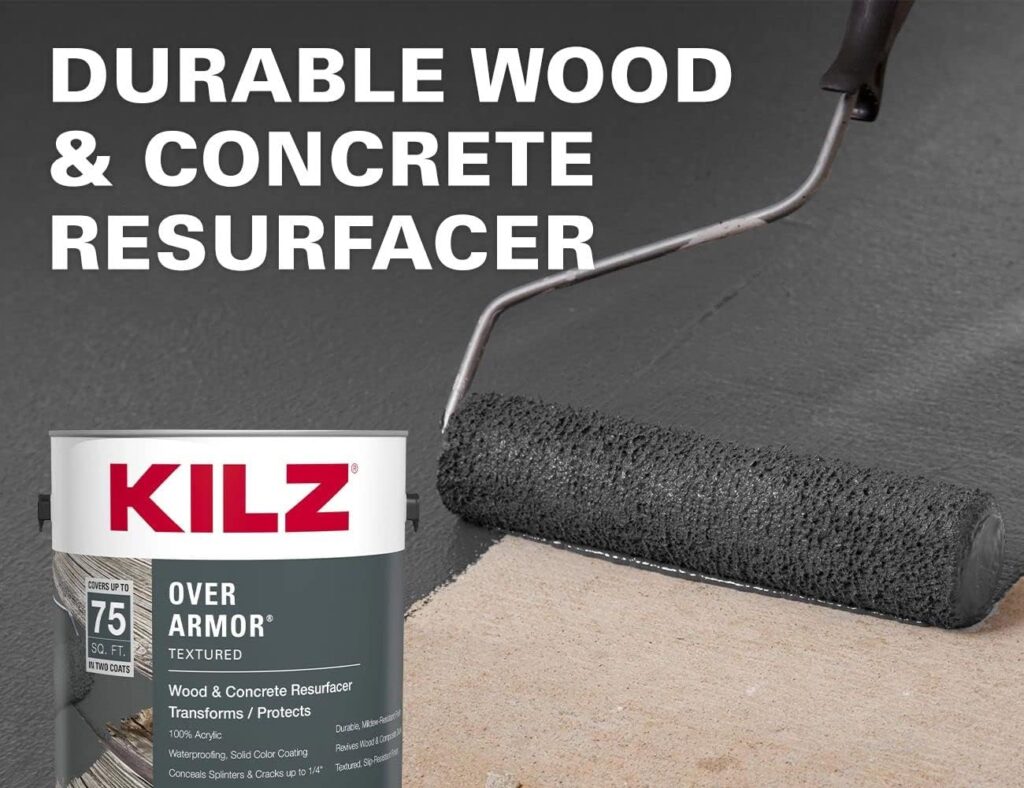 kilz over armor textured wood and concrete resurfacer in gray color being applied with a roller