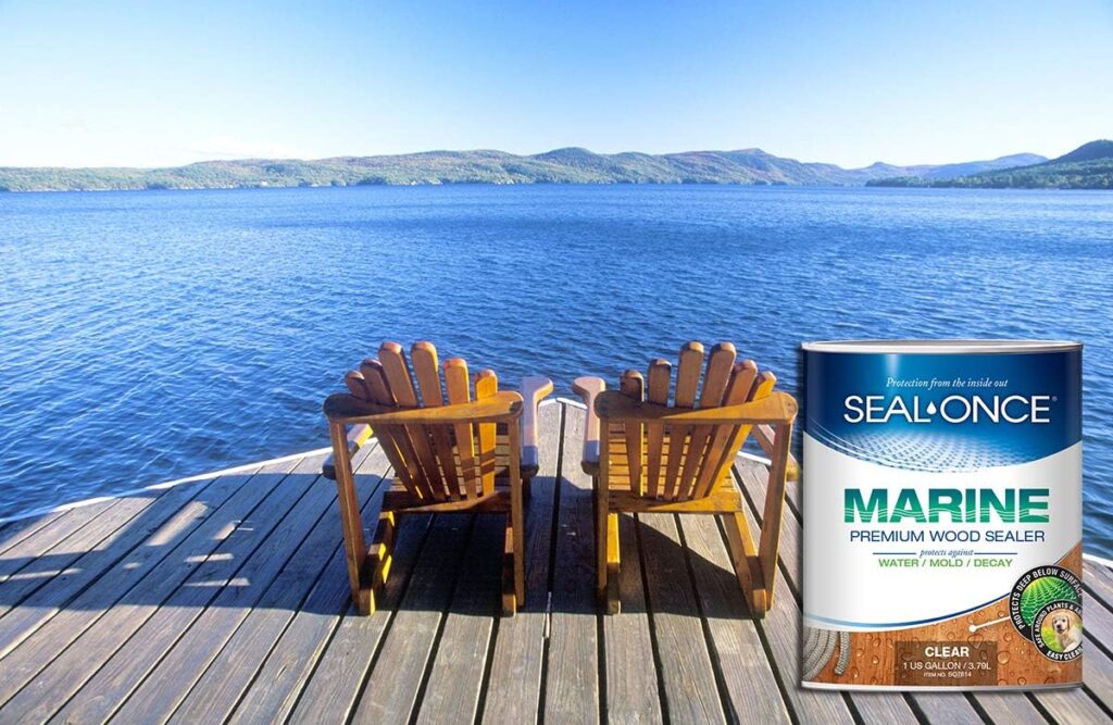 seal once marine sealer in a one-gallon can. A dock, Adirondack chairs, a lake, and a mountain are in the background.