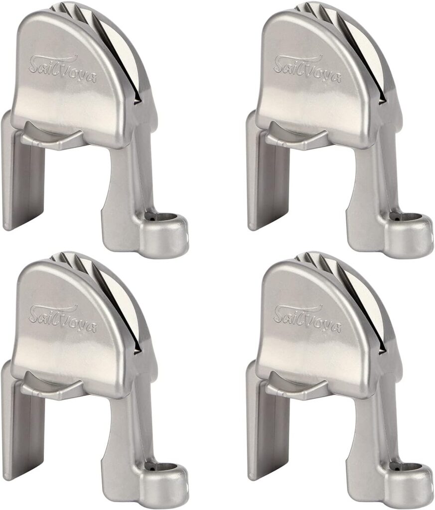 four grey boat fender clips against a white background