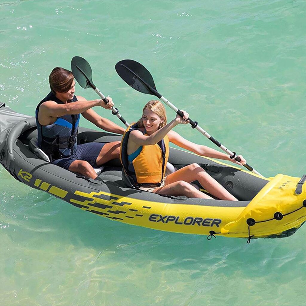 Intex Explorer K2 Inflatable Kayak being paddled by a man and a woman